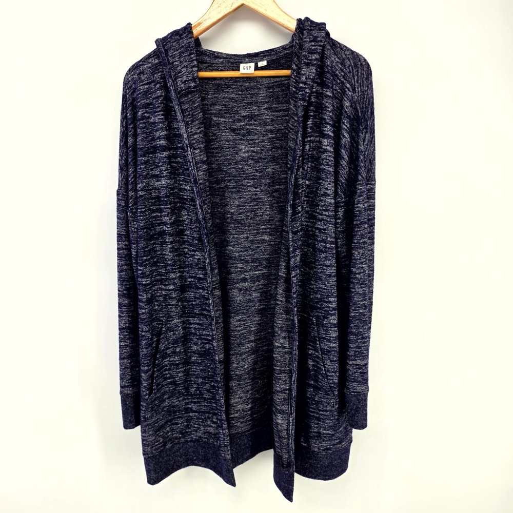 GAP Cardigan Hoodie Womens M Blue Marl Open Front Longline Hooded Sweater Pocket